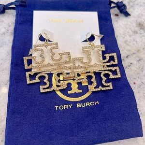 🔥Brand New NWT Tory Burch TB Logo Britton Pave Diamond Gold Earrings